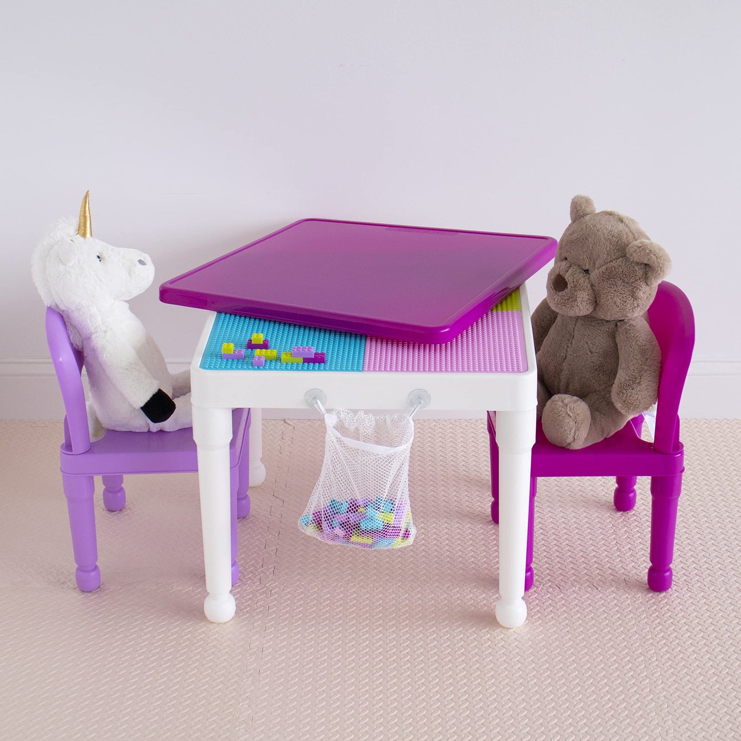 Humble Crew Kids Activity Table and 2 Chairs Set, Pink/Purple/White - 2-in-1 Toddler Play Table Building Blocks Compatible - Premium Children’s Table and Chair Set for Arts, Crafts, Reading and More