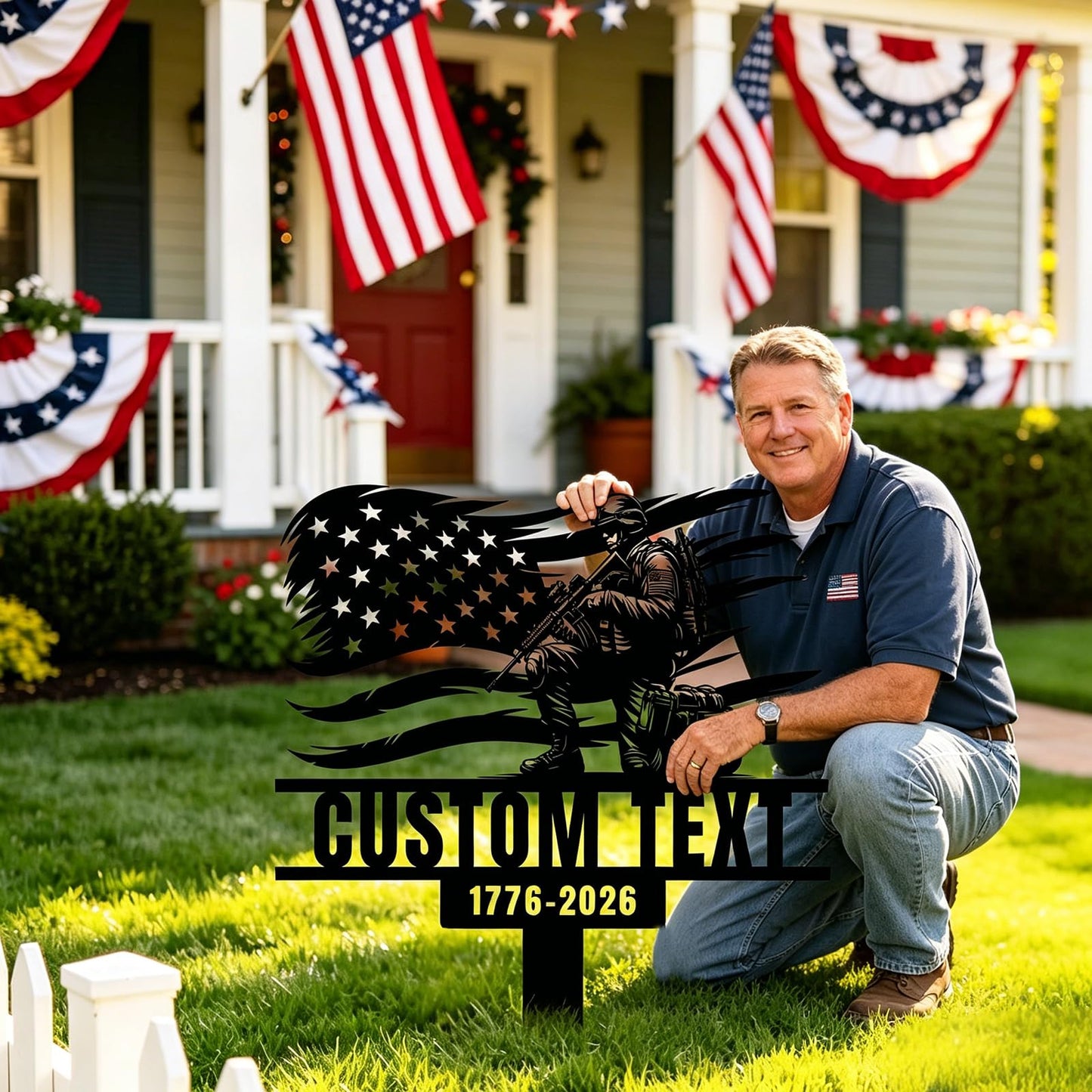 Bliver Personalized USA 250th Anniversary Metal Garden Stake Custom American Patriotic Yard Sign with Family Name Durable Weatherproof Decor for Lawn Memorial Display 10-28 Inch