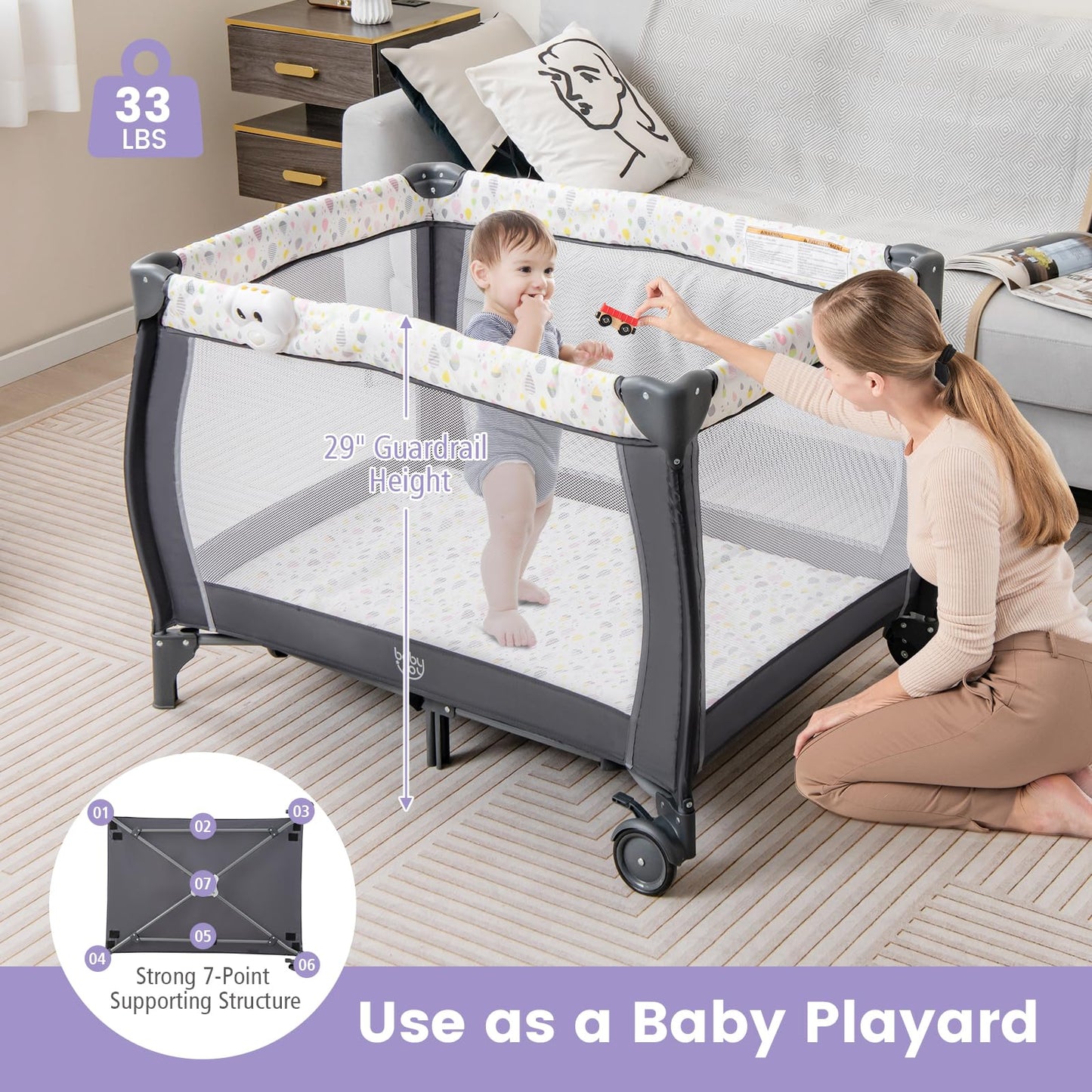 Costzon 3 in 1 Pack and Play with Bassinet, Portable Baby Playard with Changing Table, Music Box, Whirling Toys, Wheels/Brake, Basket, Foldable Infant Bassinet Crib for Baby Toddlers Indoor Outdoor