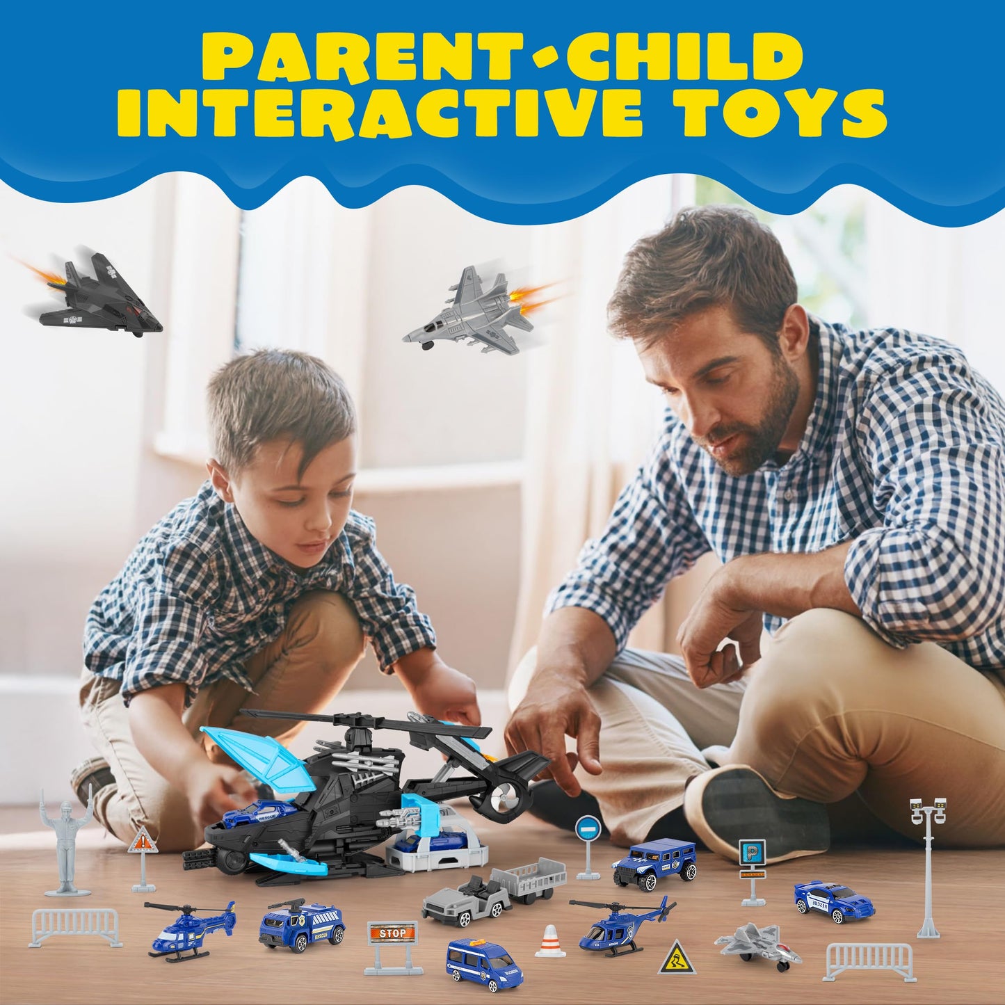 XDUOYJOY Police Helicopter Toy Playset with Vehicles, Fighter Jets, Airplane, SWAT Truck and Roadblocks, Police Rescue Patrol Car Toy for Kids Imaginative Pretend Play