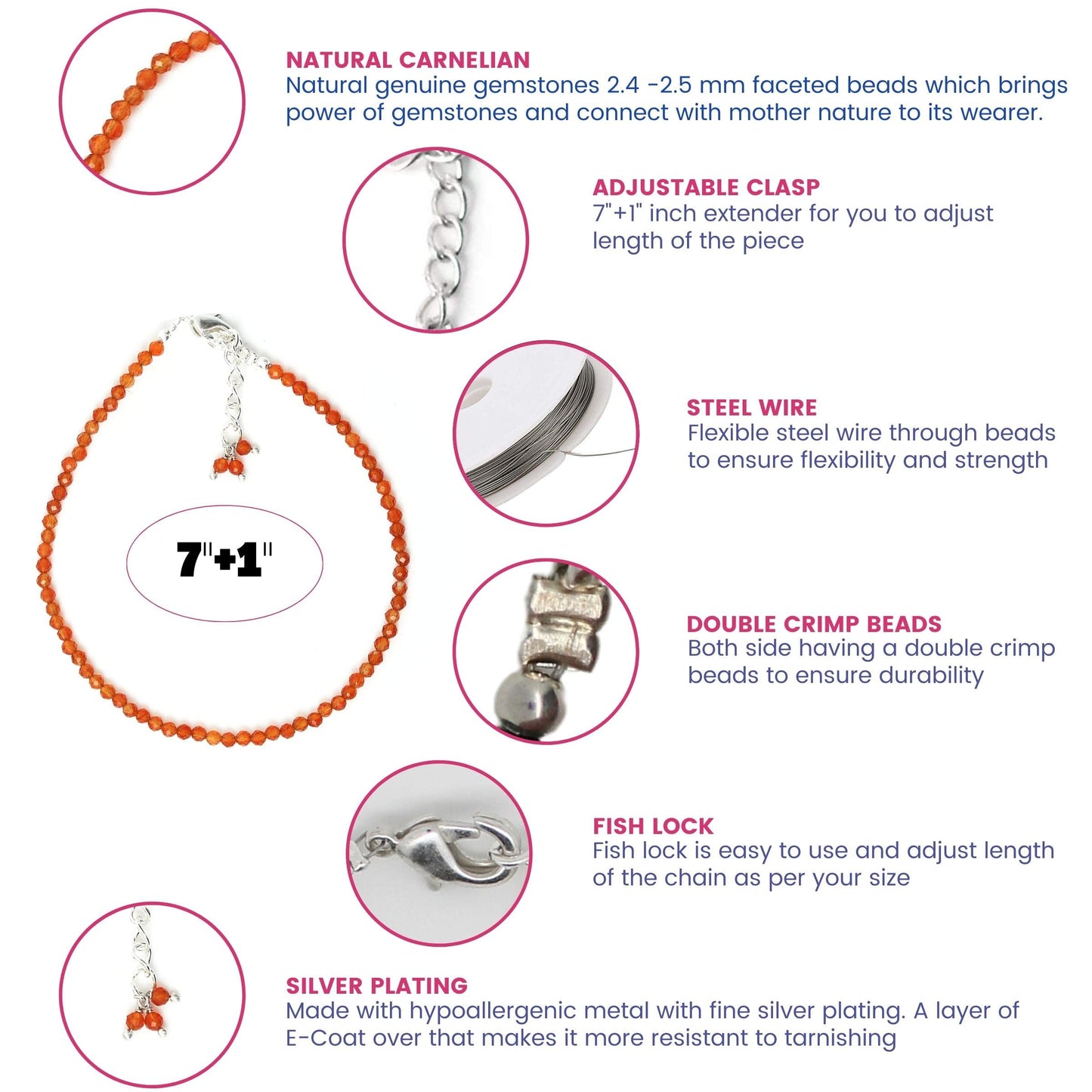 Gempires Handmade Carnelian Gemstone Beaded Bracelet for Women | 2.4โ2.5 mm Faceted Natural Stone | Adjustable 7+1 Inch Silver Plated Chain | Dainty Minimalist Stacking Jewelry | Orange Stone Gift