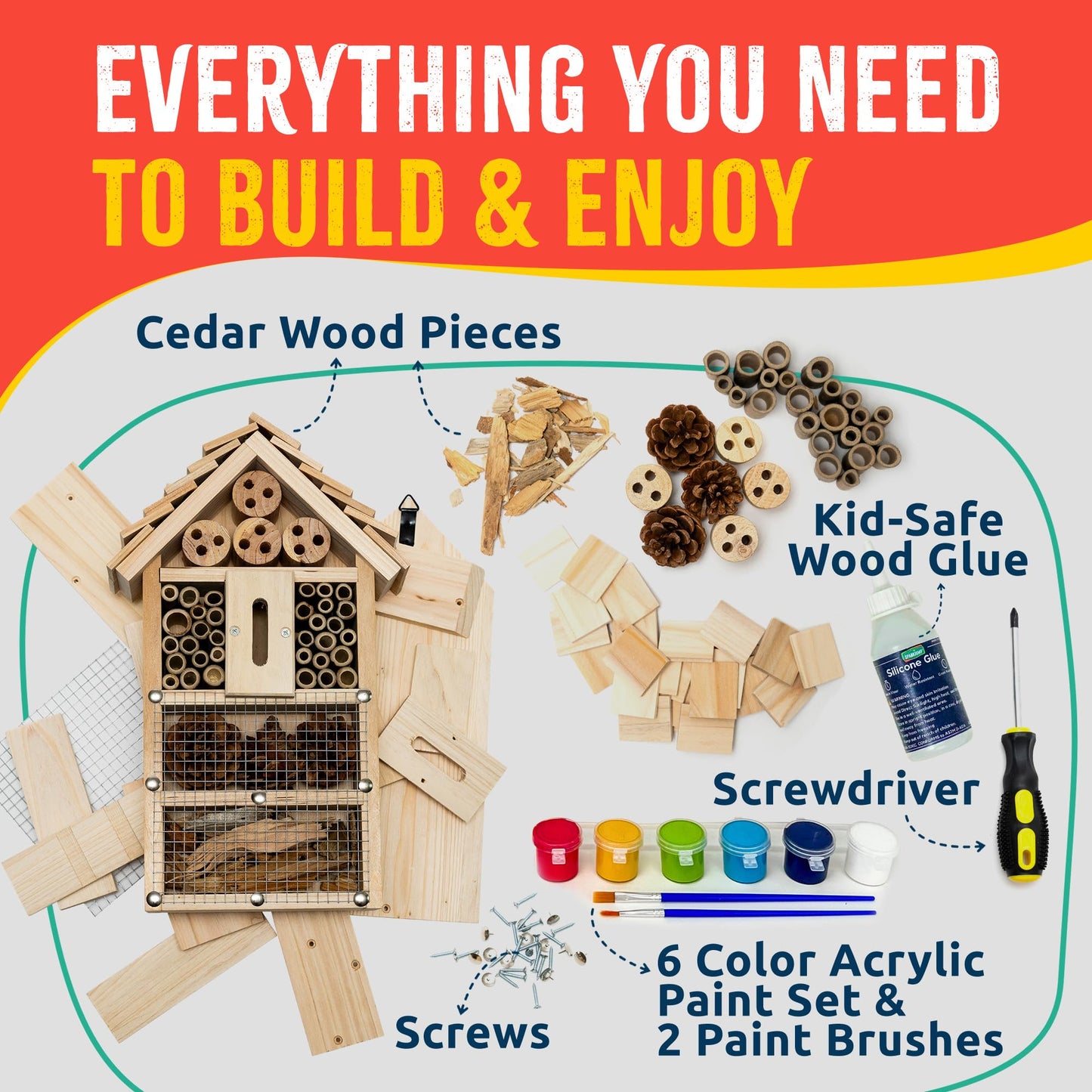 SparkJump Premium Bug Hotel Kit for Kids – Easy Wood Craft Kits for Children, Lady Bug House for Garden with Tools, Paints & Glue, Fun Birthday Gifts for Girls and Boys