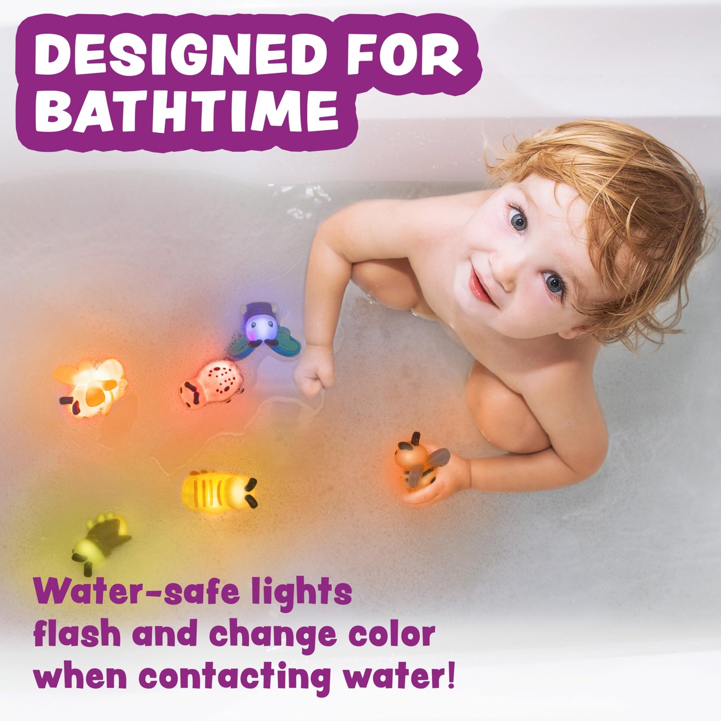 Tub Works® Bugs™ Light Up Bath Toys, 6 Pack | Water-Activated Light Up Toys Flash & Change Color | Easy-Grip Baby Girl & Toddler Bath Toys | Glow Bugs for Kids | Sensory Bathtub Toys with Bath Lights