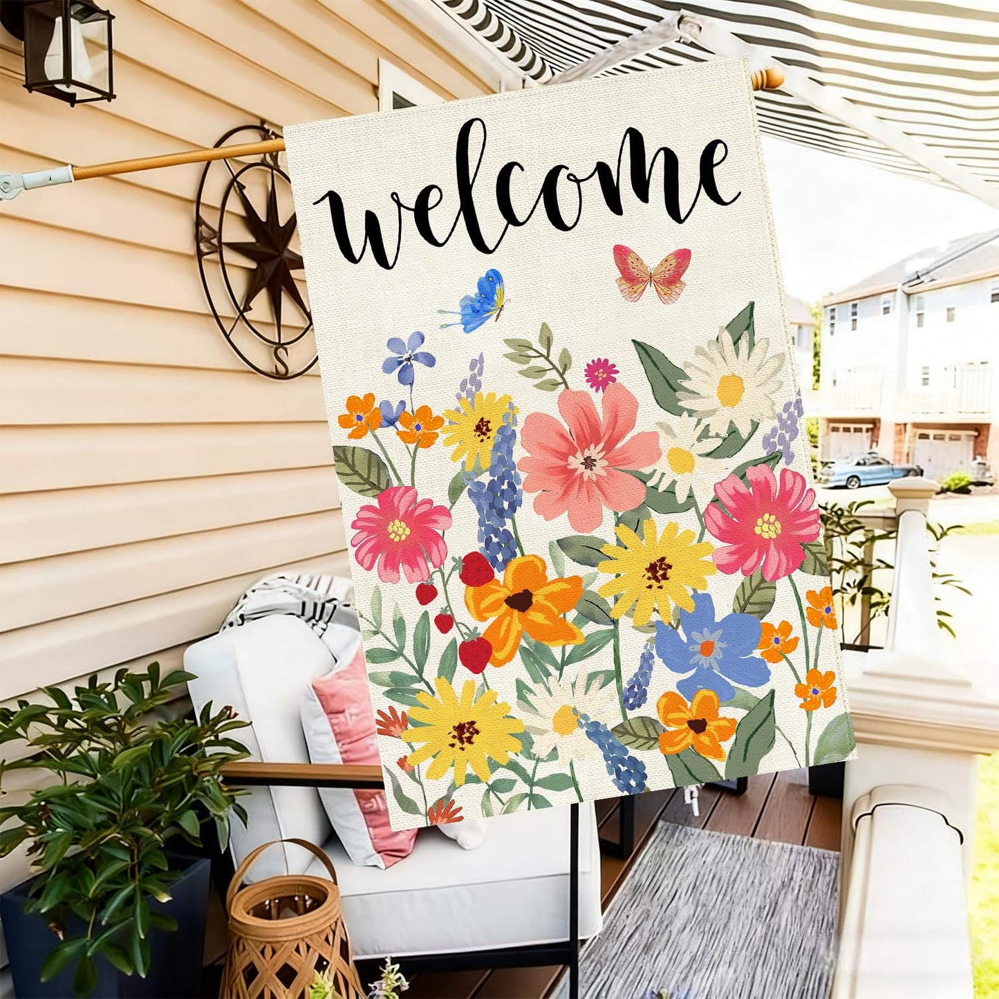 Baccessor Spring Summer Welcome House Flag Double Sided 28x40 Inch Burlap,Floral Butterflies Large Garden Flag Porch Patio Front Entry Yard Seasonal Farmhouse Outside Outdoor Decor