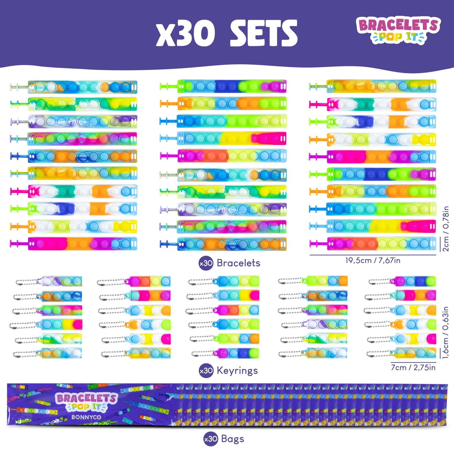 BONNYCO Pop It Bracelets and Keychains Pack 30 Kids Party Favors. Goodie Bags Stuffers for Kids, Fidget Toys Pop Its Bulk. Return Gifts for Birthday Party, Goody Bag Stuffers, Pinata, Classroom Prizes