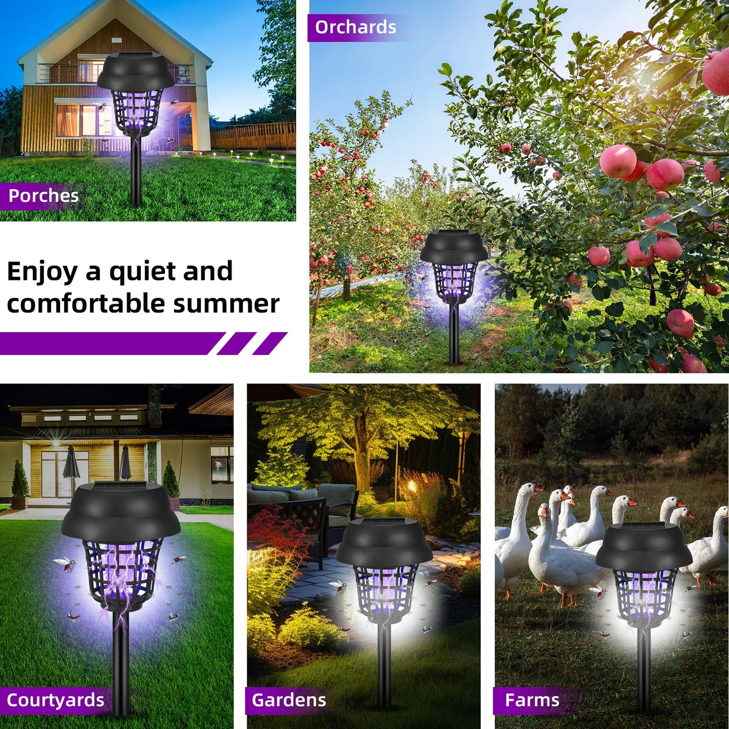 Solar Bug Zapper Outdoor Waterproof Solar Powered Mosquito Zapper Repellent Outdoor Patio,Cordless & Auto On/Off, Purple or White Light,Small Fly Insect Zappers for Garden Backyard for Outside,4 Pack