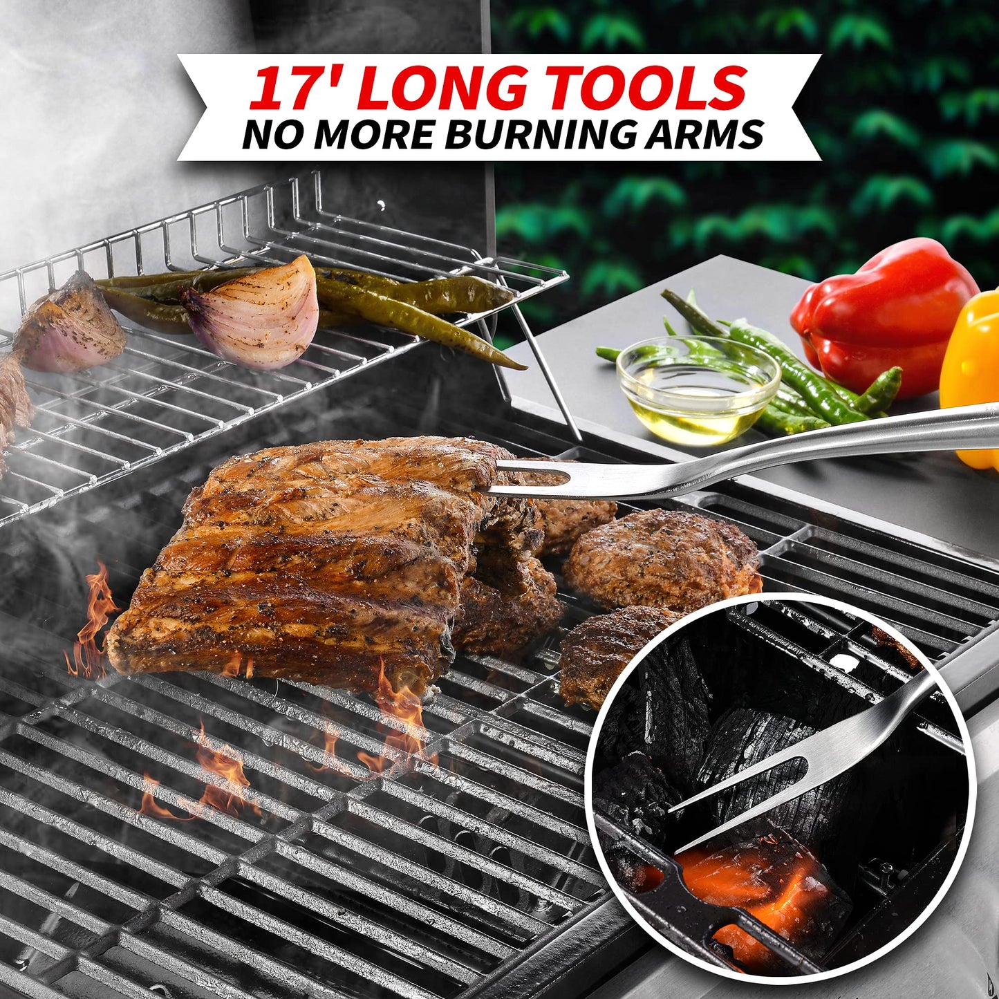 GRILAZ Heavy-Duty Rose Wooden BBQ Grilling Tools Set. Extra Thick Stainless Steel Multi-Function Spatula, Fork & Tongs | Essential Accessories for Barbecue & Grill. Ideal Gift for Fatherโฆ