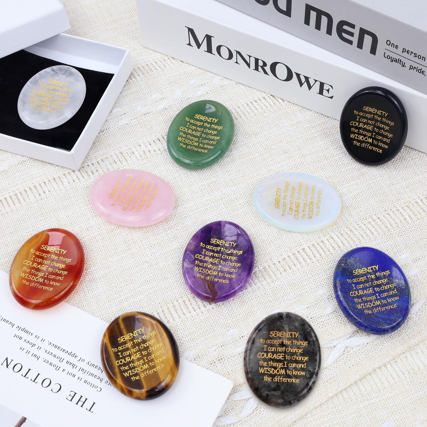 QINJIEJIE Serenity Prayer Black Labradorite Worry Stones Healing Crystals Engraved Inspirational Stones Anxiety Relief Items Sobriety Gifts Encouragement Gifts for Women Men