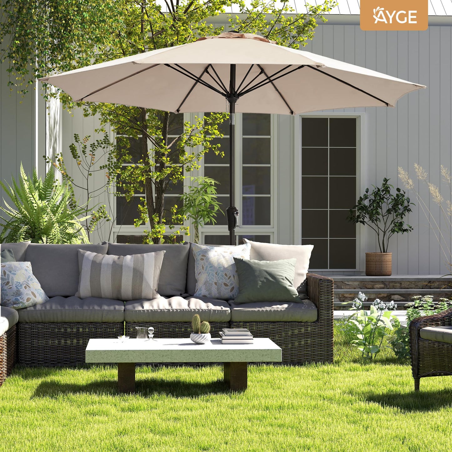 Ayge 9FT Large Outdoor Patio Umbrella Market Table Umbrella-UV Resistant, Easy Push Button Tilt and Crank, 8 Sturdy Fiberglass Ribs Heavy-Duty Pool Umbrella for Deck, Backyard,Garden,Beige