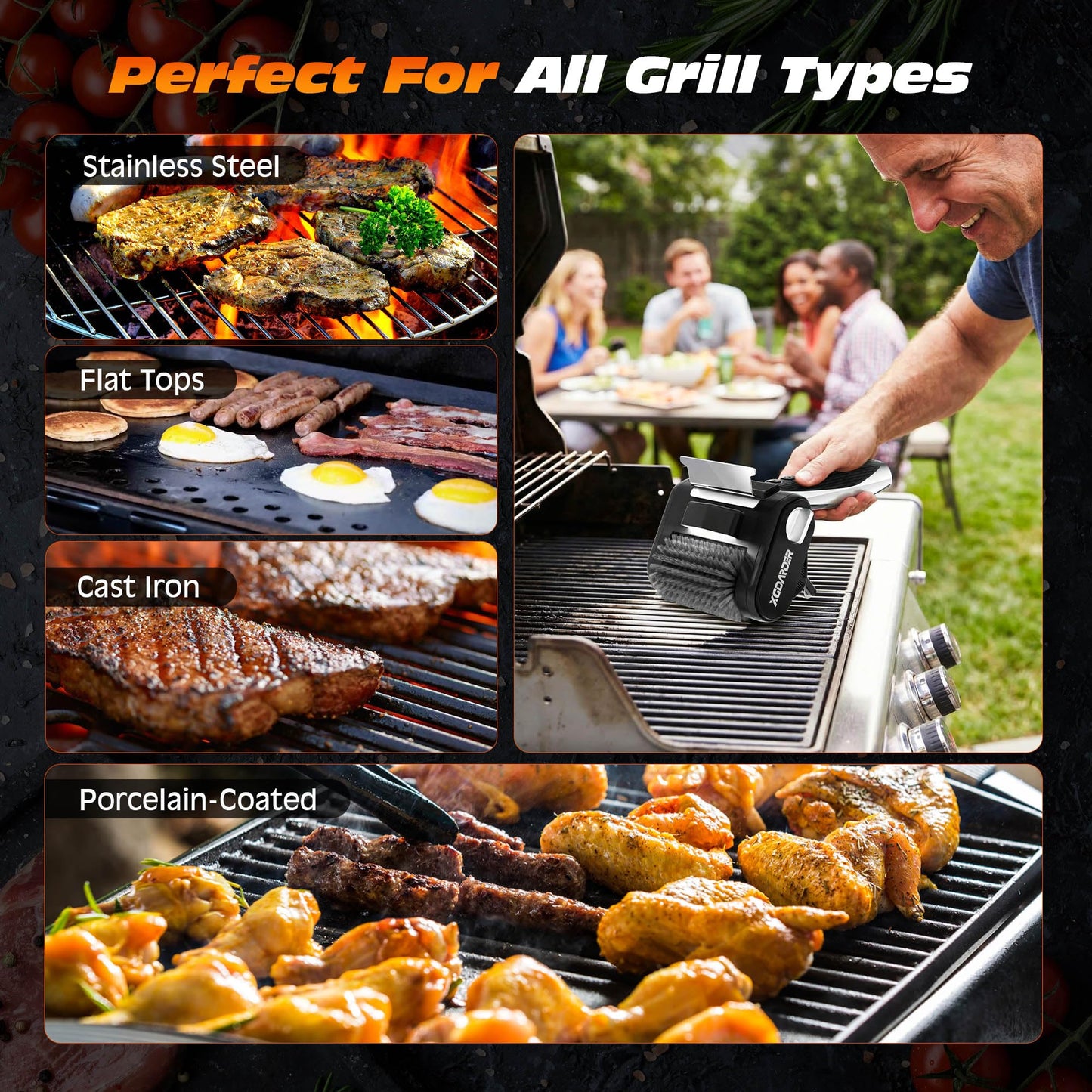 Electric Grill Brush for Outdoor Grill, Rechargeable BBQ Grill Cleaner Stainless Steel Brush with 450RPM Stainless Roller,LED Light, Scraper,Grilling Gifts for Men/Dad