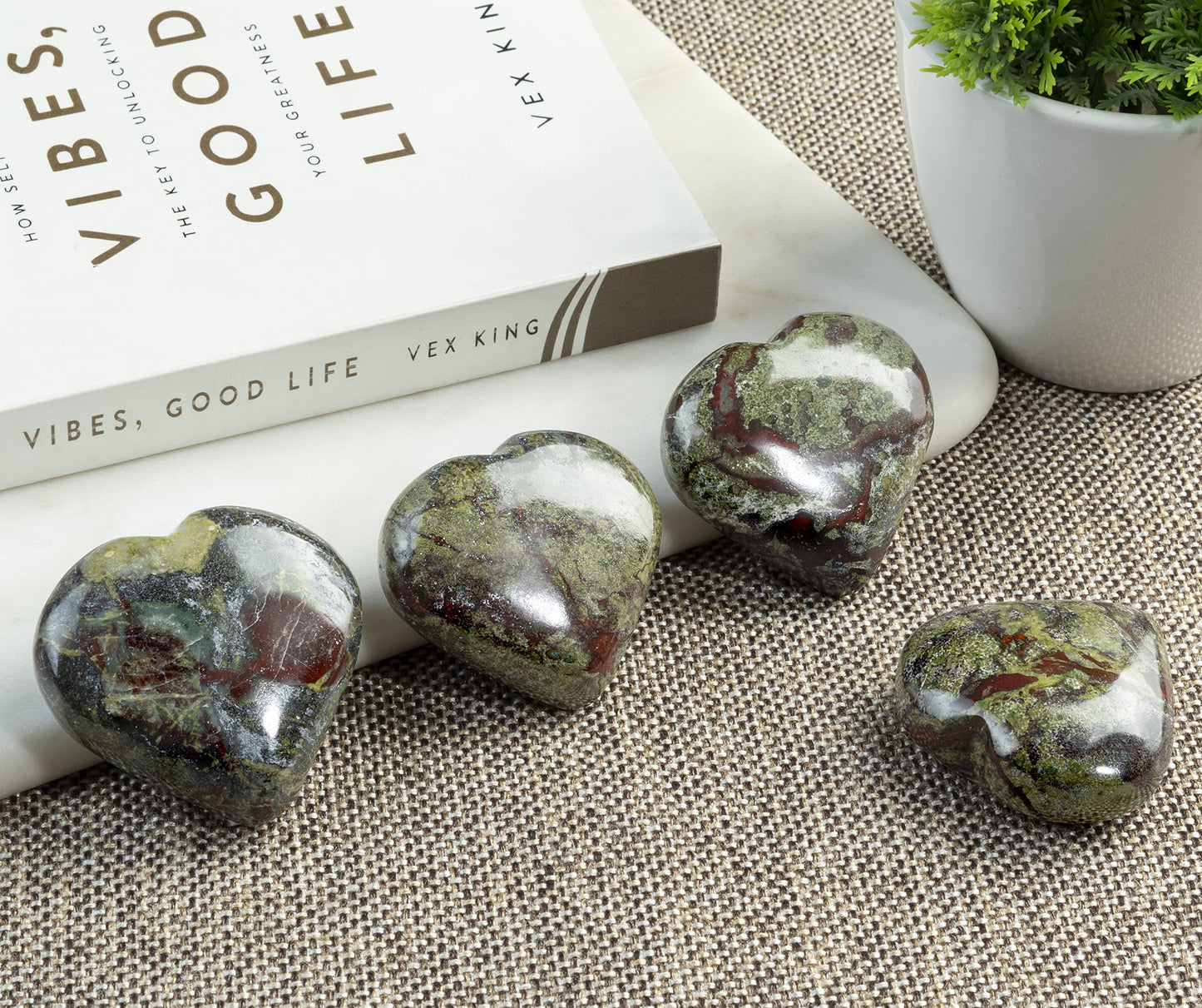 Crocon® 50mm Dragon Bloodstone Heart stone Big Heart Shape Puff Stones Set 450+ Carats Pocket Crystal Healing Tumble Collection Palm Worry Stone Good Luck Charm Meditation Gift Craft Home Decor