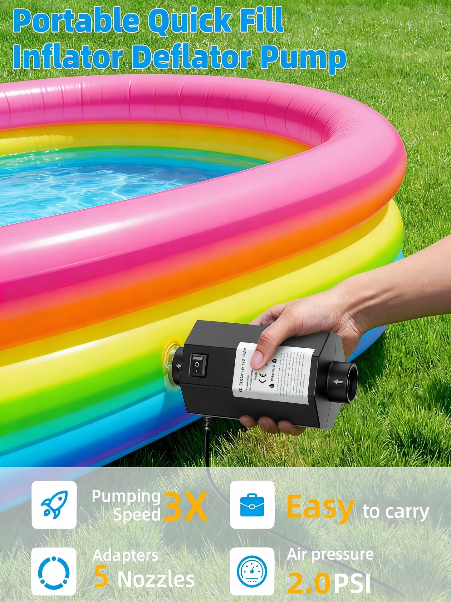 Fumxi Electric Air Pump for Inflatables Pool Toys: Compact Size AC110-120V, Quick-Fill Inflator Deflator for Air Mattress Beds, Tanning Pool Float, Boats 5 Nozzles 2.0PSI, 200W