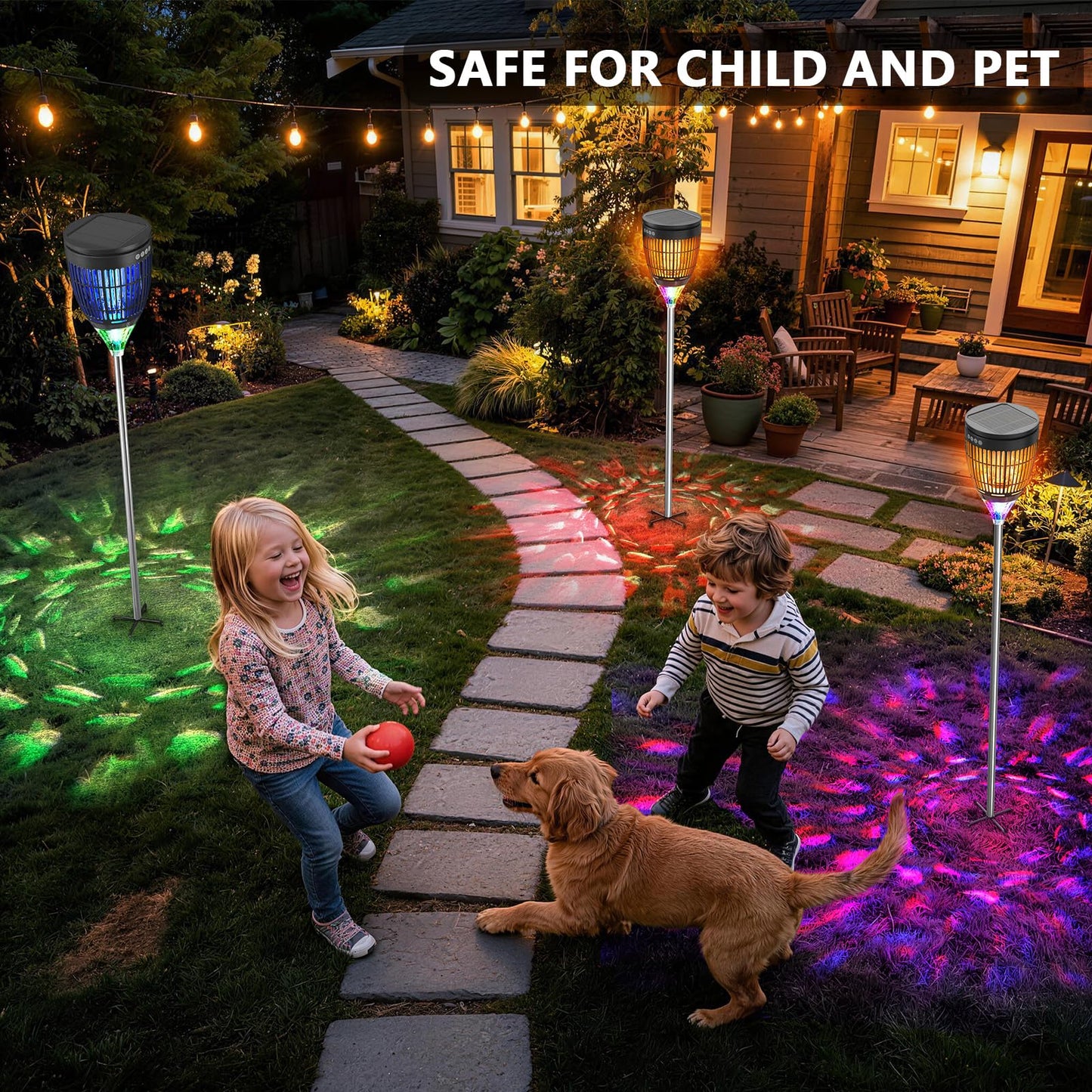 Solar Bug Zapper Outdoor, Jinyeda 4200V Mosquito Zapper with RGB Projector & Flame Lights, Cordless Mosquito Killer, USB Rechargeable Fly Insect Trap Waterproof Lighting Decor for Patio, Garden, Yard