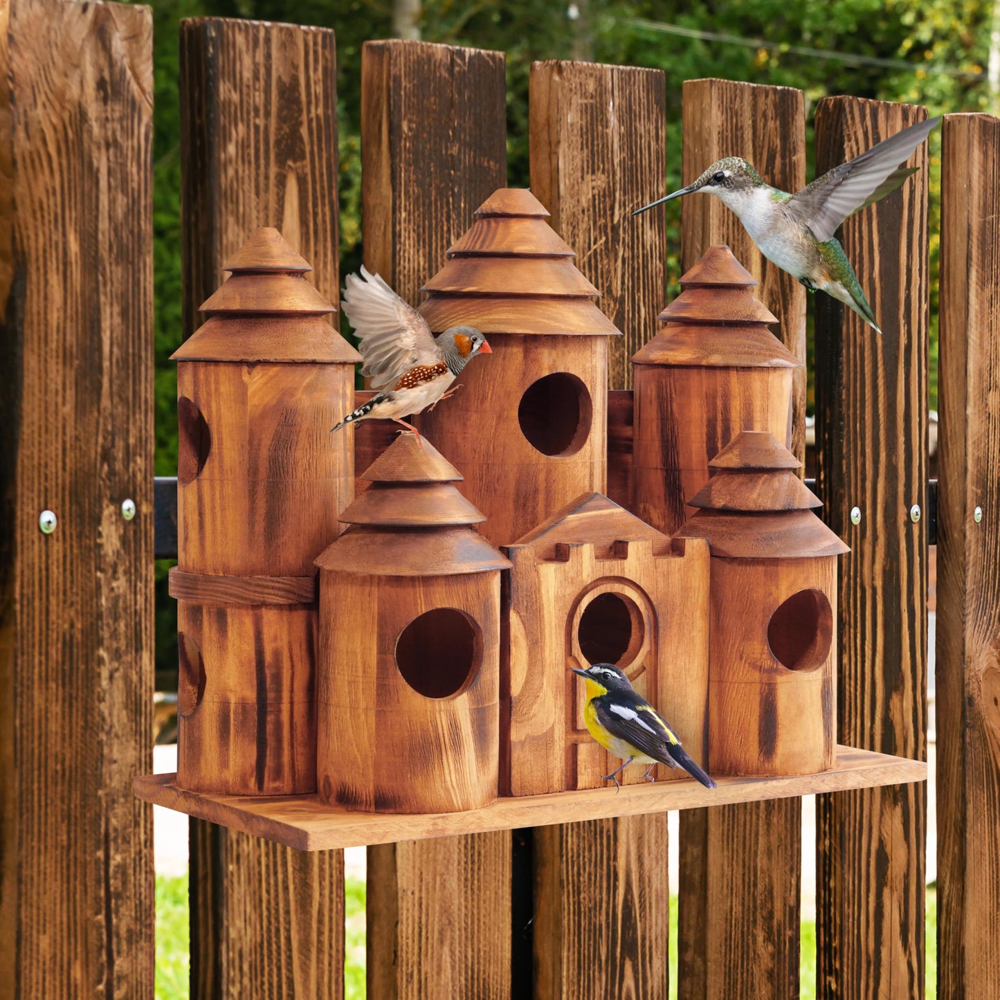 MIXUMON Wooden Bird Houses for Outside β 8 Rooms Castle-Style Bird House, Carbonized Pine Rustic Finish, 1.57" Entrance Holes, Decorative Outdoor Bird Nesting Box (Rustic, 8 Rooms)