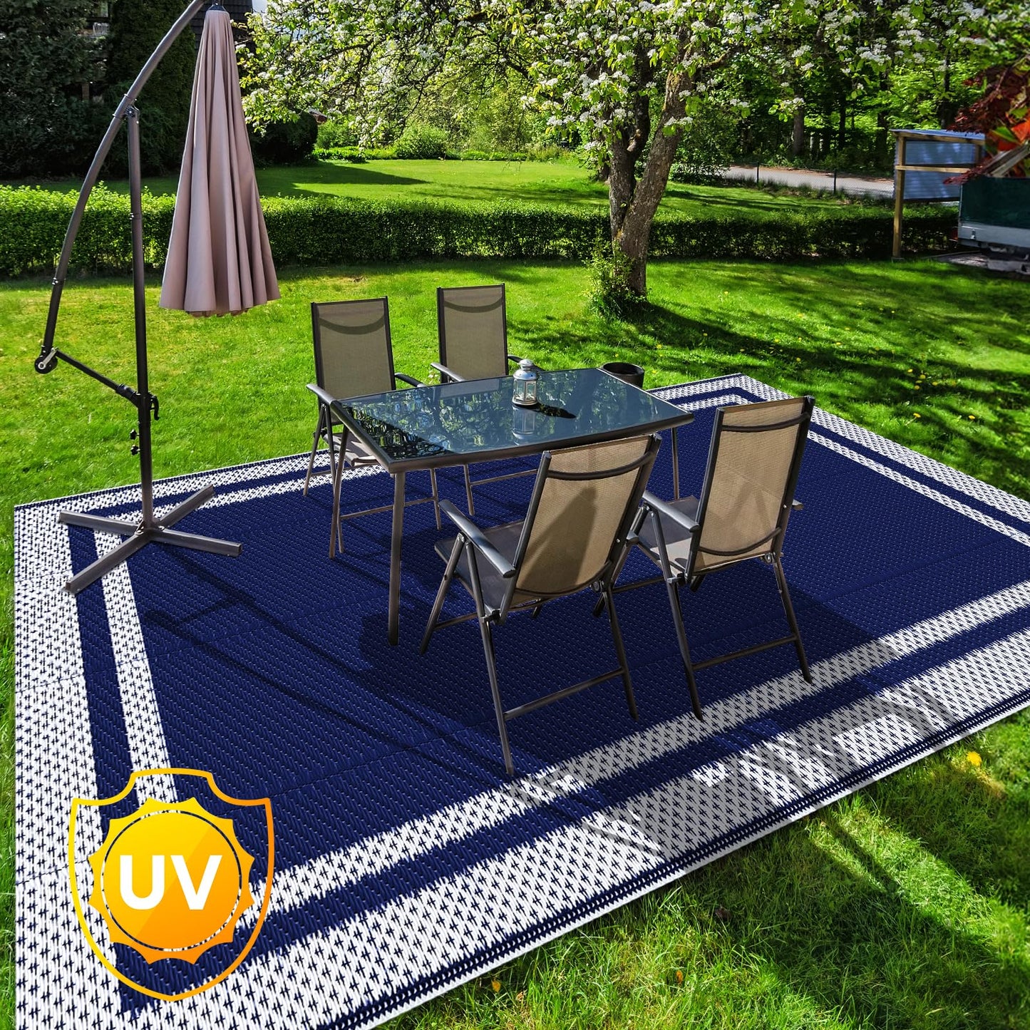 KMAT Outdoor Rug, Waterproof Reversible Patio Rugs, 8x10ft Large Outdoor Area Rug Foldable Plastic Camping Rugs for Outside RV, Patio,Picnic,Camper,Balcony,Porch (Blue &White)