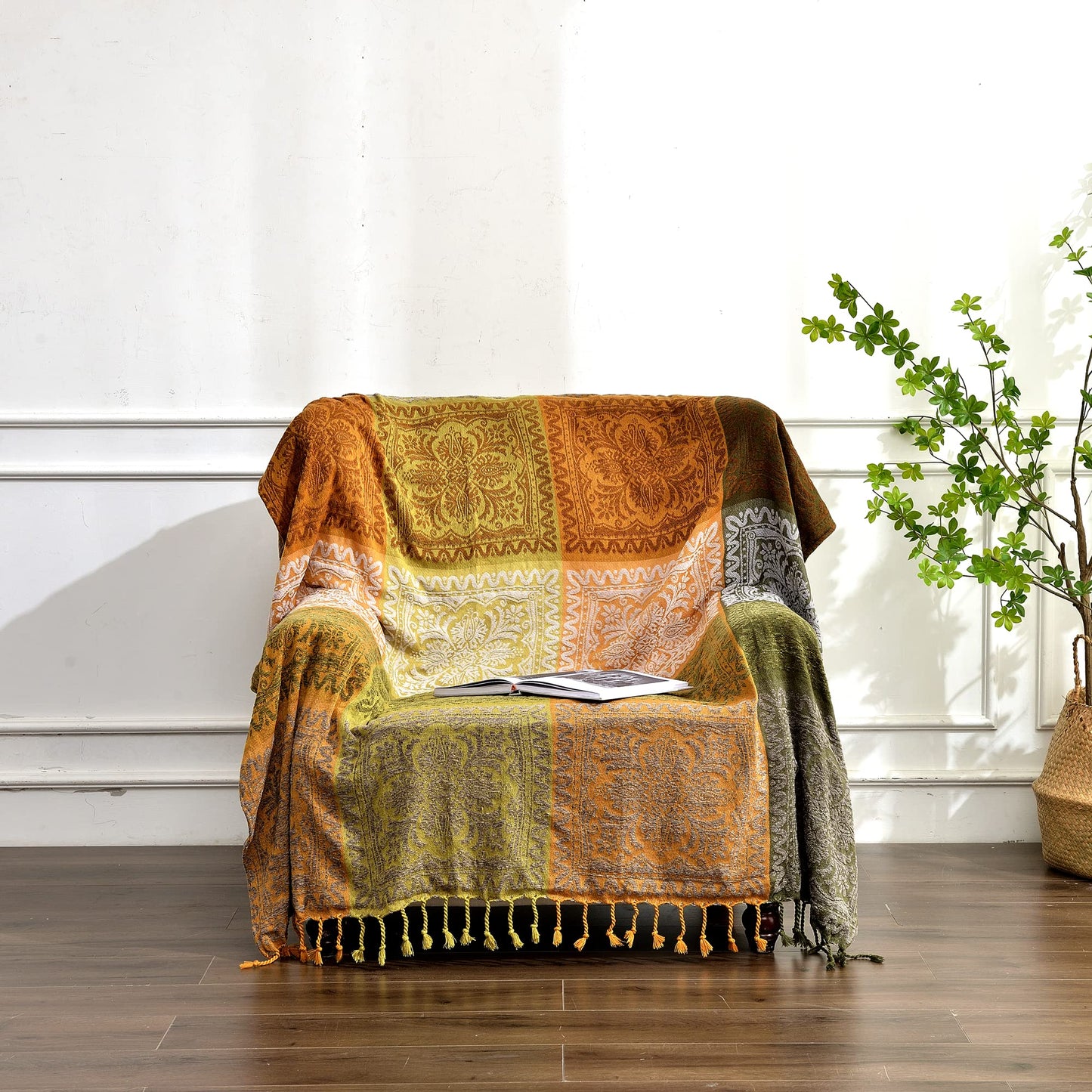 Edcooy Boho Couch Cover, Bohemian Throw Blanket Tassels Hippie Decor Covers Sofa Chair loveseat Furniture Bed, Bohemian Tribal Fringe slipcover (Green, 60x75)…
