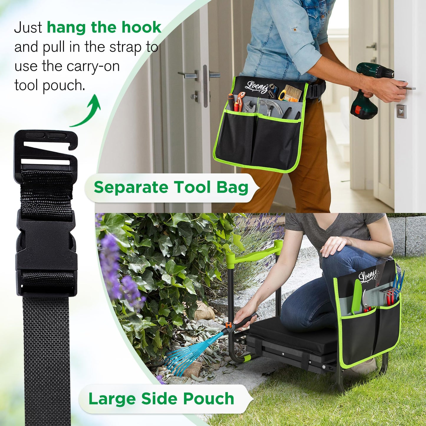 LOENIY 10.8” Wide Garden Kneeler and Seat, Heavy Duty Foldable Gardening Stool with Tool Belt Pouch, Included Thickened Kneeling Pad, Portable Gardening Bench Chair for Seniors & Parents
