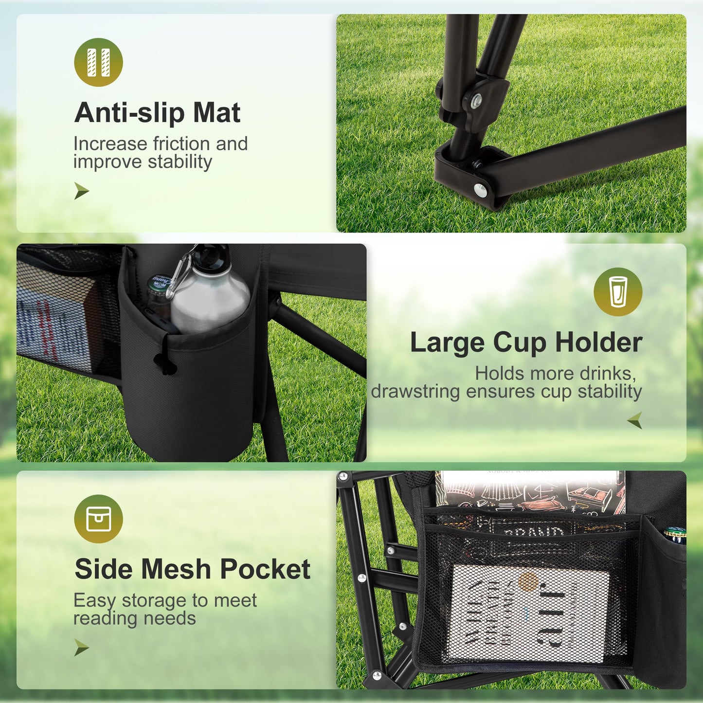 LET'S CAMP Oversized Camping Chairs 29.52" High Back Heavy Duty Lawn Chair Support 500LBS, Portable Collapsible Chair with Cup Holder, Side Pocket,2 Pack(Black)
