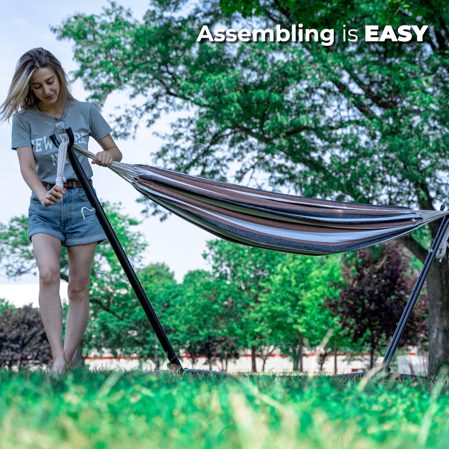 Backyard Expressions Double Camping Hammock with Steel Stand & Carrying Bag, Adjustable Height, Ultra Soft Cotton Blend, 550 lb Capacity, Indoor & Outdoor Portable Hammock