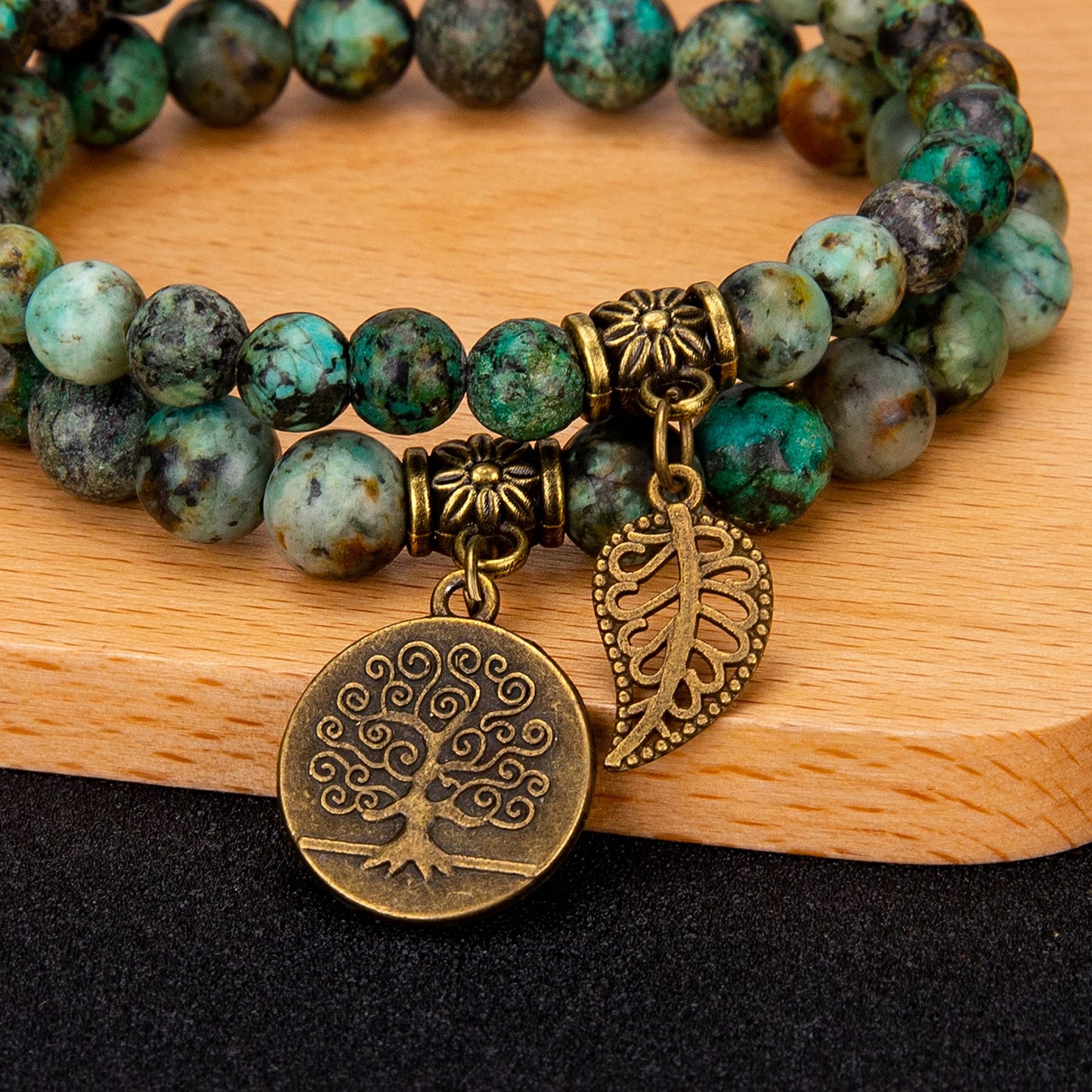 Bivei Natural Semi Precious Gemstone Beads Bracelet for Women - Life Tree and Leaf Charm Chakra Energy Anxiety Stretch Bracelets(African Turquoise)