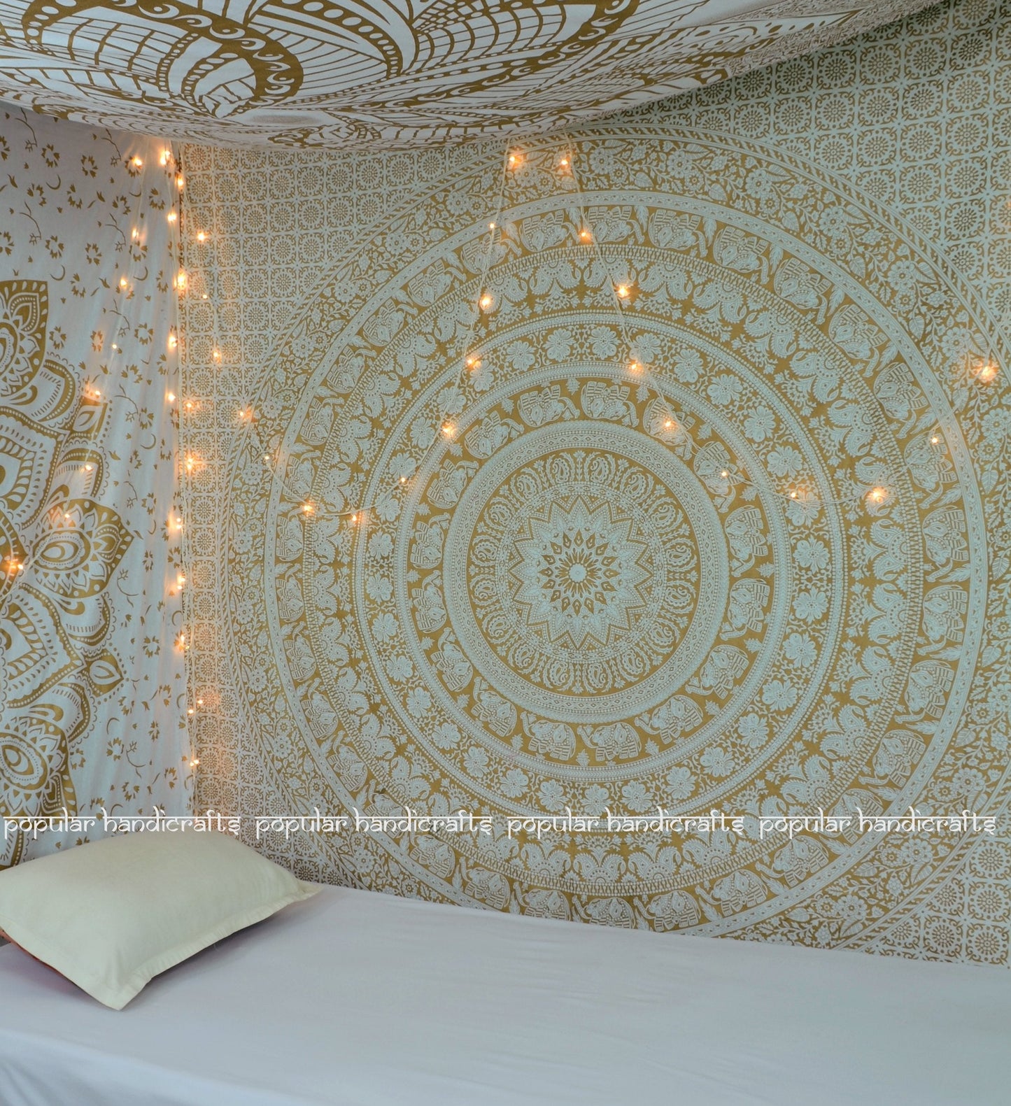 Popular Handicrafts Wall Hanging Tapestry for Bedroom Elephant Hippie Metallic Mandala Bohemian Hippy Intricate Indian Tapestries Bedspread 54 x 82 Inches (140cm x 210cm) Gold & White