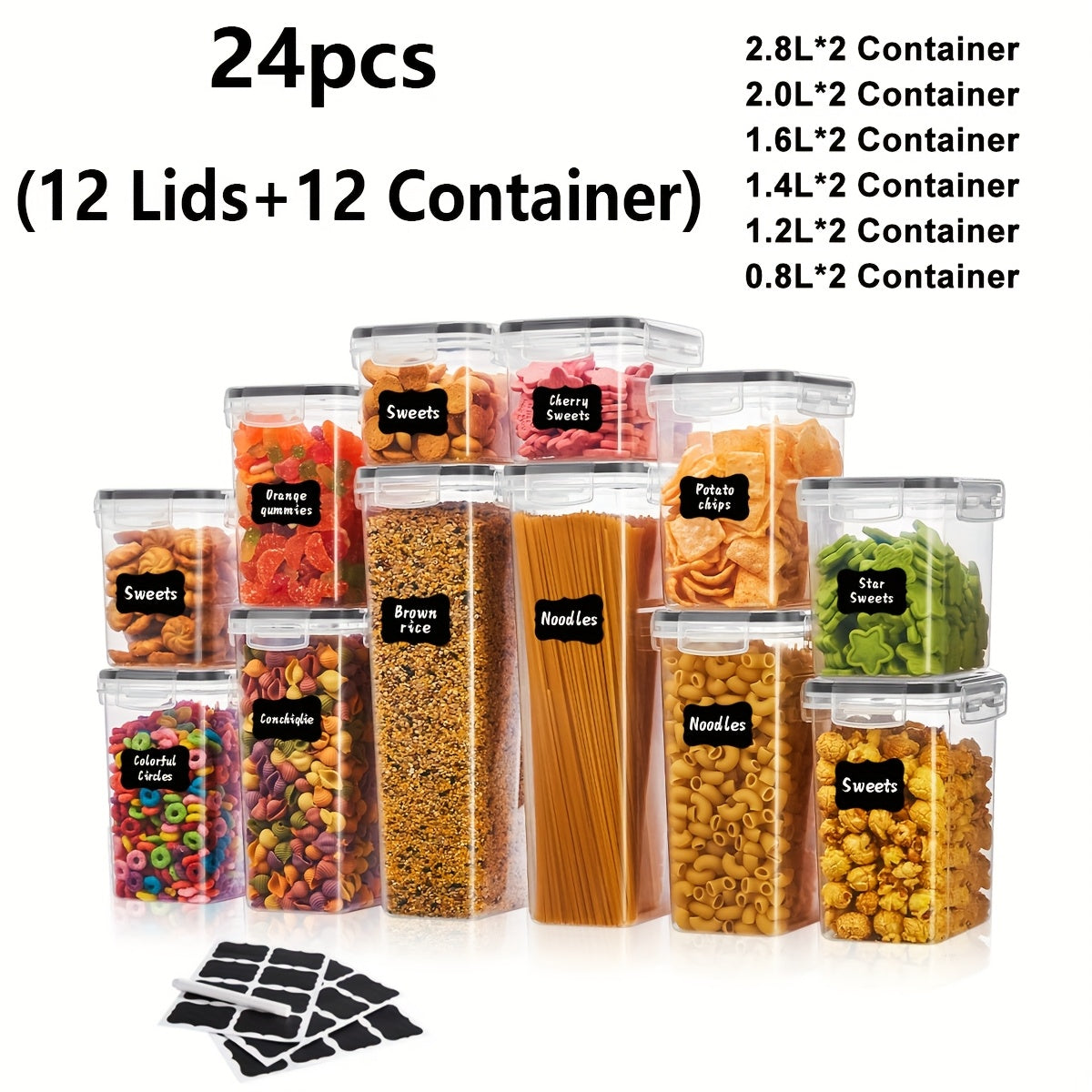 6/12/24/30/48 Set Of Airtight Food Storage Containers, Multi-size Kitchen Essentials Pantry Organizer And Storage, (6/12/15/ 24 Containers And 6/12/15/ 24 LIDS), BPA-free Plastic Food Jars for Grains, Flour, Spice Jars Including Labels And Markers