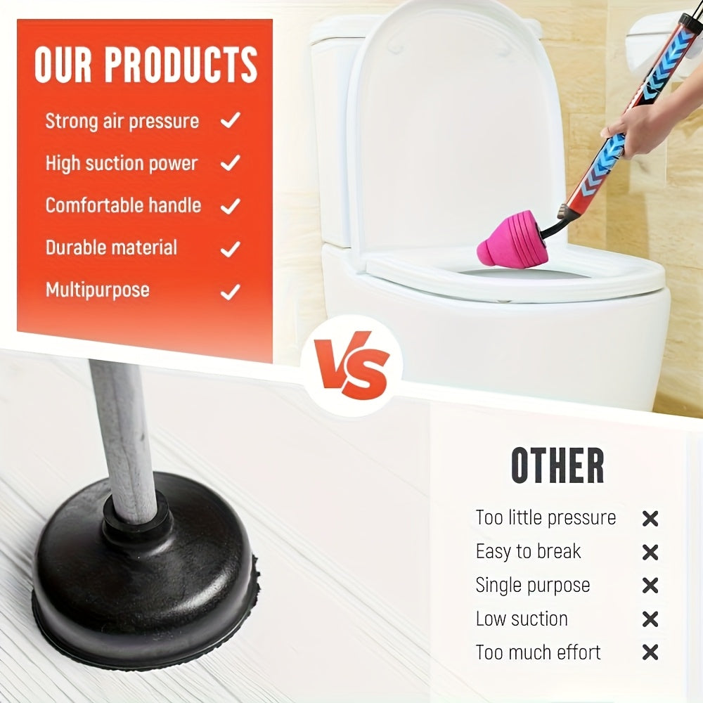Heavy-Duty Air Pressure Toilet Drain Cleaner, Designed to Unclog Pipes, Featuring a Toilet Suction Cup And Effective for Sinks And Showers, with an Ergonomic Handle for Ease of Use.