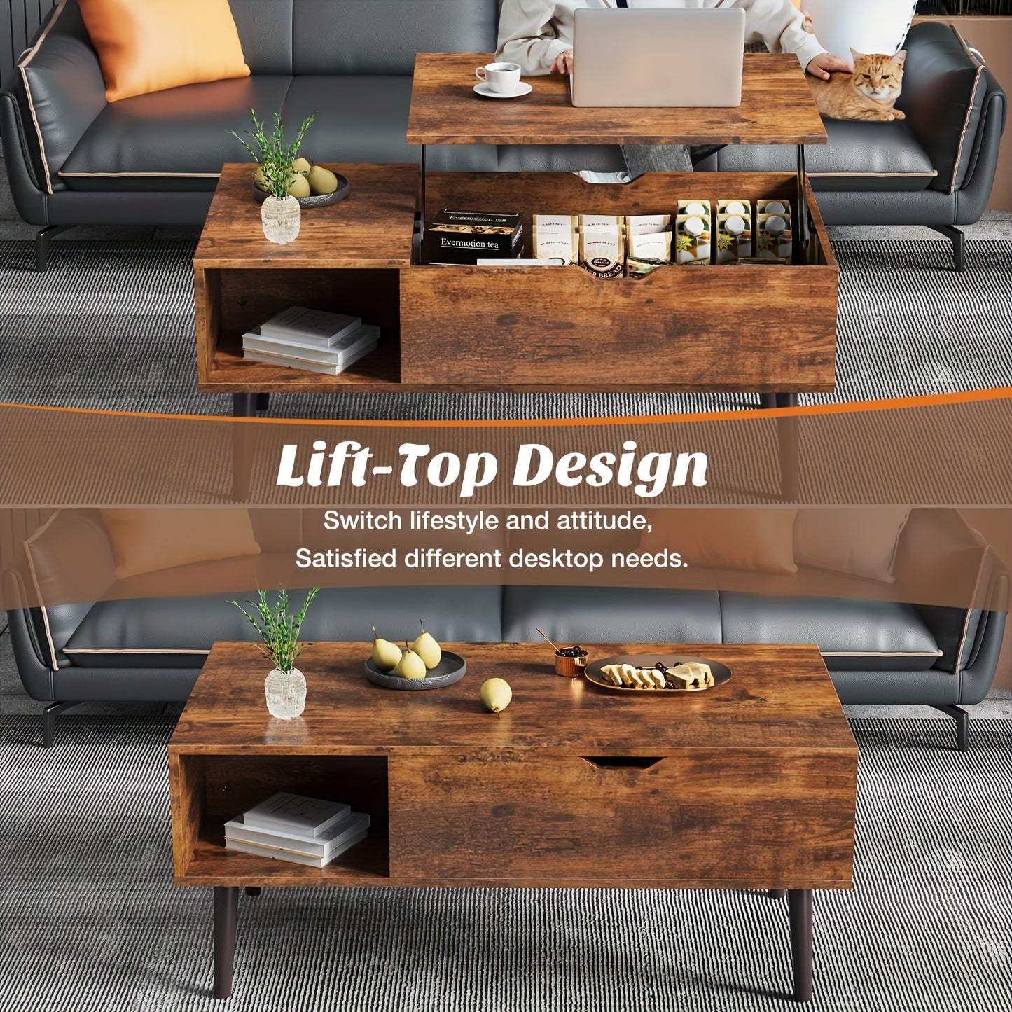 Versatile Lift Top Small Rising Wooden Dining Center Table - Elegant Black Coffee Table For Living Room - With Storage Shelf And Hidden Compartment, Ideal For Organizing And Enhancing Your Living Space