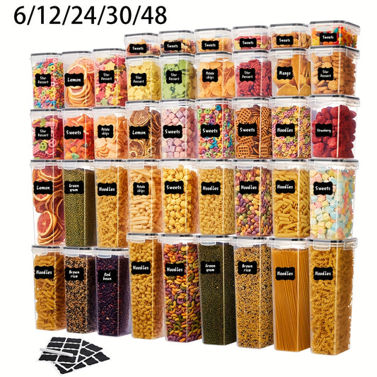 6/12/24/30/48 Set Of Airtight Food Storage Containers, Multi-size Kitchen Essentials Pantry Organizer And Storage, (6/12/15/ 24 Containers And 6/12/15/ 24 LIDS), BPA-free Plastic Food Jars for Grains, Flour, Spice Jars Including Labels And Markers