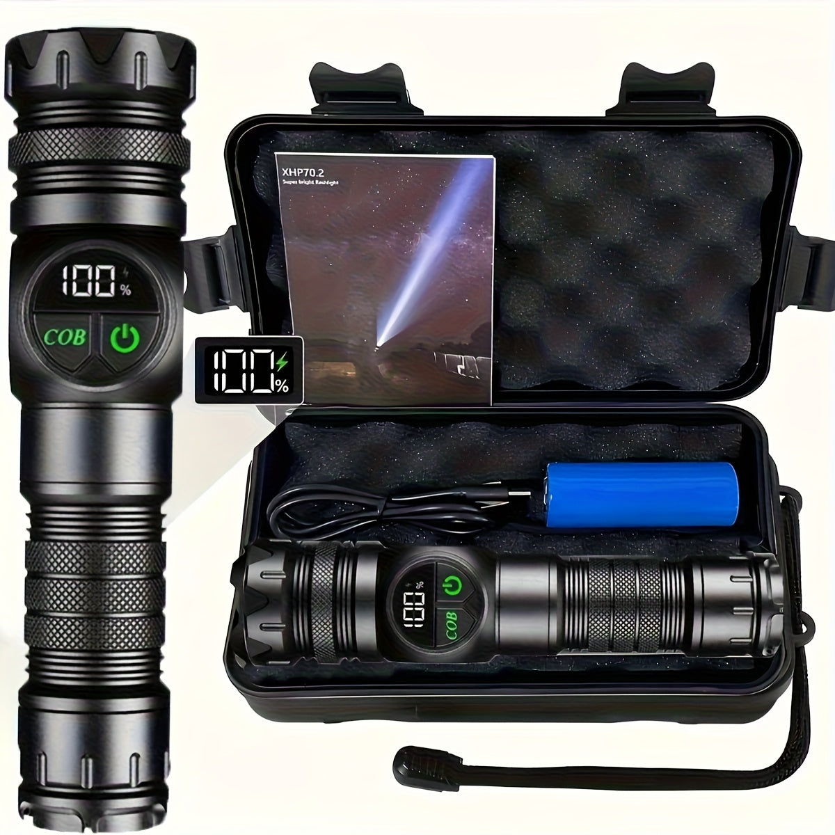 1pc Tactical LED Flashlight with Cob Side Lamp & Red/Blue Light - USB Rechargeable, 5-Mode Operation, Magnetic Base & Hanging Rope