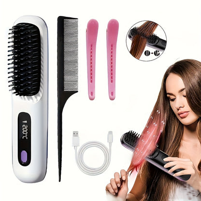 Portable Wireless Hair Straightener Comb | USB Charging, 3-speed Temperature Control, Negative Ion Technology, Long-lasting Luster, LED Display, Lightweight, Perfect for Travel, Includes Comb and Clip.