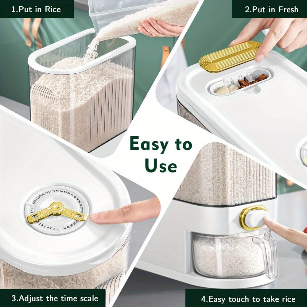 22 lbs/10kg Large Rice Dispenser with Measuring Cup & Time Scale - Plastic Grain Storage Container, Locking Lid & Window for Kitchen Pantry - Dispensing Dry Food for Rice, Wheat, Barley (Heavy-Duty