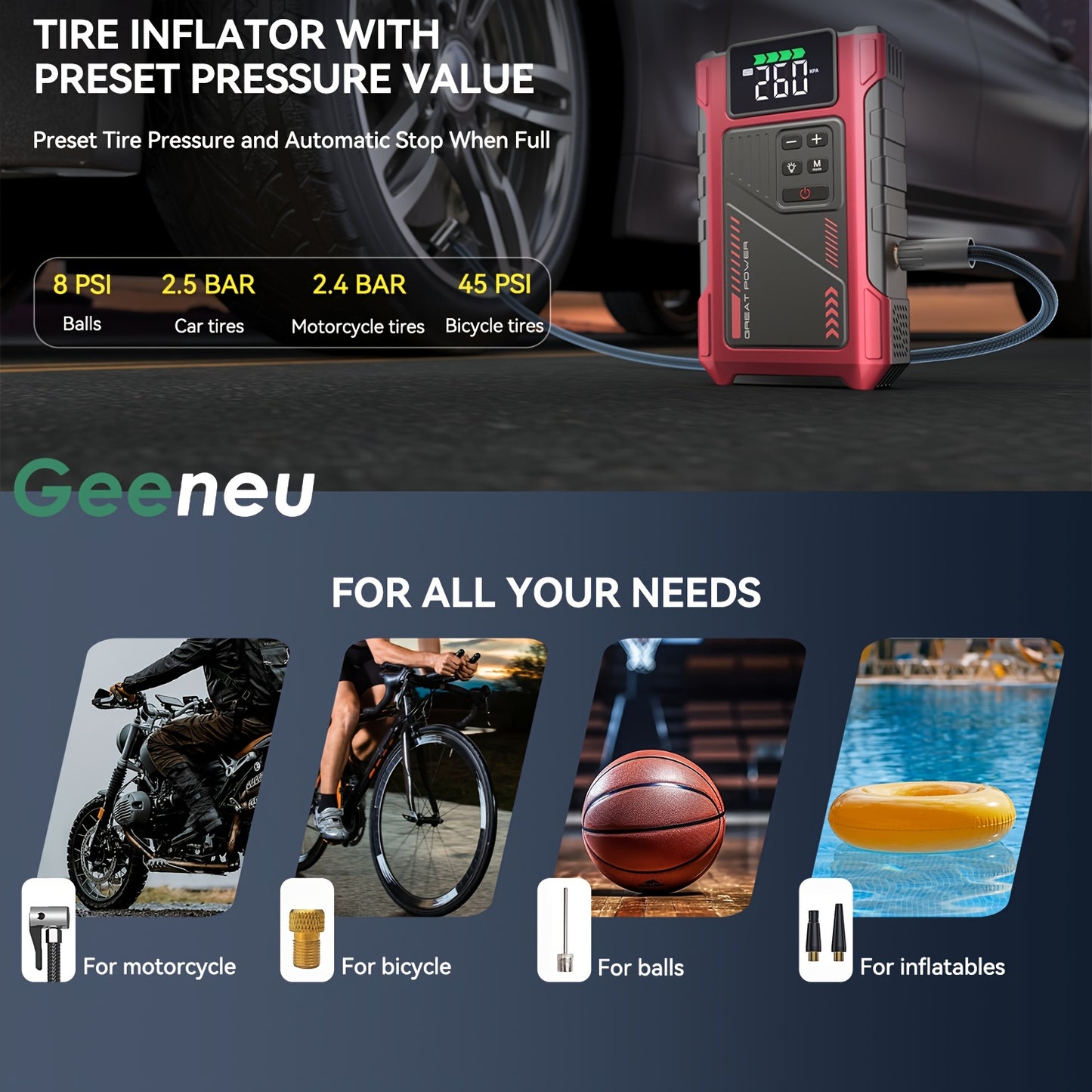 4000A Portable Wireless Car Air Compressor Jump Starter with Air Compressor, Battery Jump Starter Portable Peak, Car Battery Charger Portable For12V(8.0LGas/6.5L Diesel) Start The Car Quickly, USB Input/output, LED Emergency, Car Accessories Tools