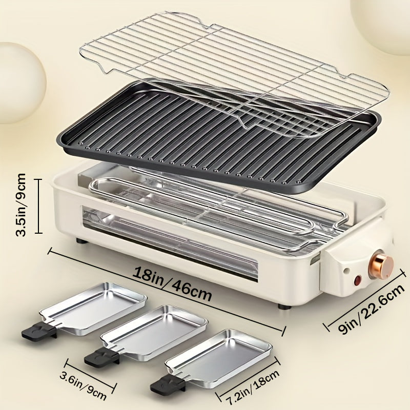 Smokeless Electric Grill, Frying And Grilling Electric Grill with Removable Non-stick Tray And Grill Rack, with 3 Mini Pans, Home Grill, Adjustable Temperature, Indoor Grilling, Kitchen Utensils, Stainless Steel