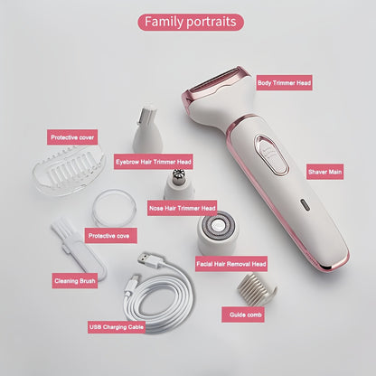 [4-in-1 Painless Razor for Women] 4-in-1 Rechargeable Electric Razor for Women - Face, Nose, Legs, Underarm, Bikini Trimmer - Wet & Dry, Painless Grooming Kit - Portable & Rechargeable