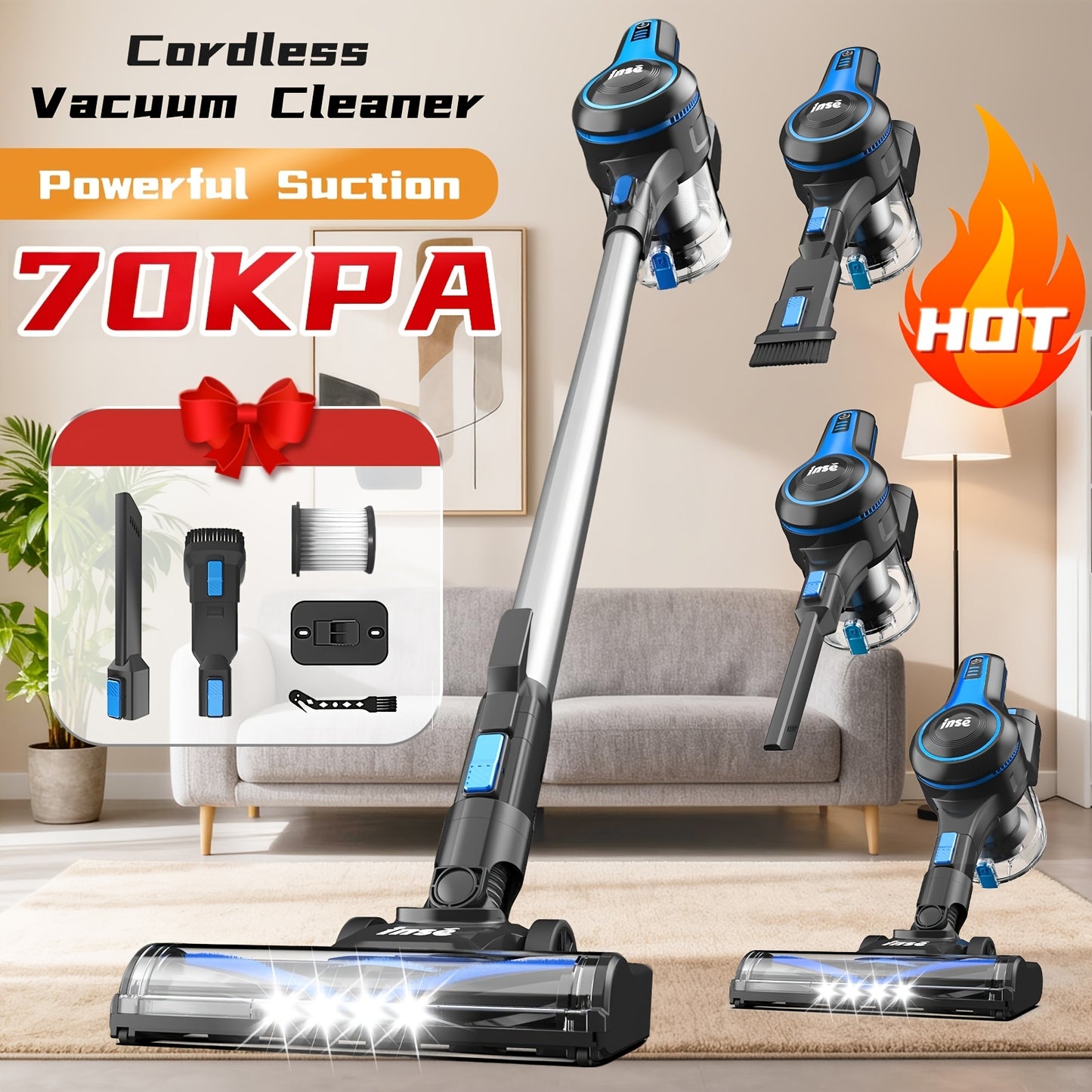INSE Corded And Cordless Vacuum Cleaner For Home, 35-70KPA 6-in-1Rechargeable Powerful Handheld Vacuum Cleaner/Detachable Battery, Running Time 45 Minutes, 50.5 Oz Dust Cup, LED Brush, Vacuum Cleaners For Home, Hardwood Floor, Carpet And Pet Hair