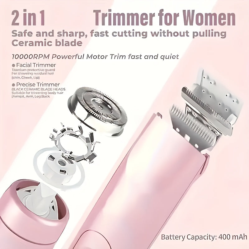 [2in 1 Bikini Trimmer] 2in 1 Rechargeable Bikini Trimmer for Women | Painless Body Razors And Facial Hair Remover for Bikini Leg Body Face Underarm, Cordless Body Shaver for Trip, Replaceable Lady Facial Razor, Mother& New Year's Day Gifts