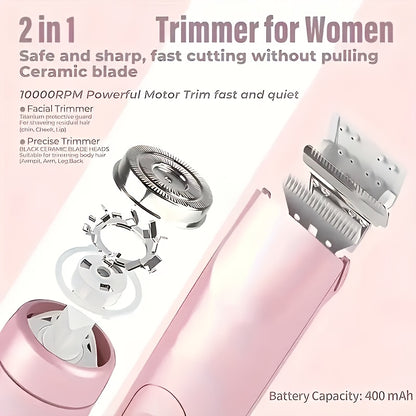 [2in 1 Bikini Trimmer] 2in 1 Rechargeable Bikini Trimmer for Women | Painless Body Razors And Facial Hair Remover for Bikini Leg Body Face Underarm, Cordless Body Shaver for Trip, Replaceable Lady Facial Razor, Mother& New Year's Day Gifts