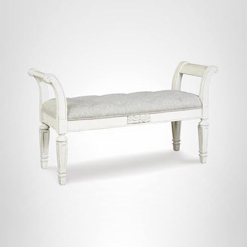Signature Design by Ashley Realyn French Country Upholstered Tufted Accent Bench with Foam Cushion and Scrolled Arms, Wood Frame, 25.88" High, Antique White