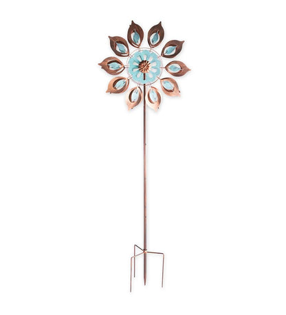 Mesmerizing Copper Lily Wind Spinner Dual-Tone | Petal-in-Petal Design | Independent Rotors | Brushed Copper & Antique Blue |All Seasons | 24" Wx75 H