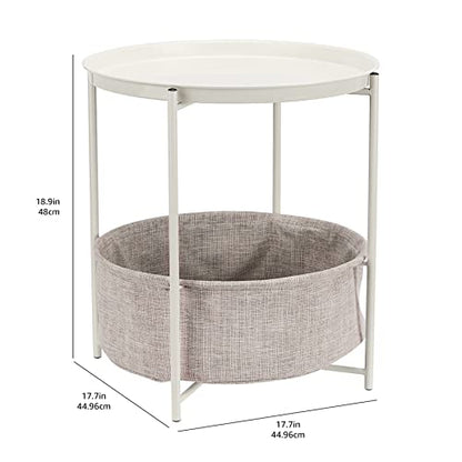 Amazon Basics Round Storage End Table, Nightstand with Cloth Basket, Bedside Table, White/Heather Gray, 17.7" L x 17.7" W x 18.9" H