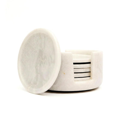 Marble Coasters Set of 6 with Holder, 3.5 Inch Round Drink Coasters for Tabletop and Coffee Table Decor, White
