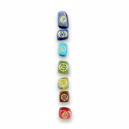 7 Chakra Engraved Crystal Healing Stones Set, Natural Gemstone Meditation Stones with Sacred Symbols, Multicolor Carved Quartz Crystals for Spiritual Balance (Square)