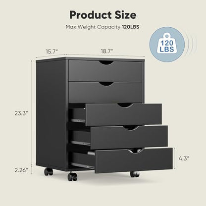 OLIXIS 5 Drawer Mobile File Cabinet Under Desk Storage Organization with Wheels Vertical Filing Chest Rolling Wood Small Desk Printer Stand for Home Office, 15.75"D x 18.74"W x 25.39"H, Black