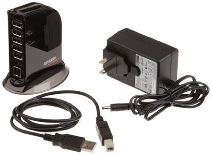 Amazon Basics 7 Port USB 2.0 Hub Tower with 5V/4A Power Adapter, Plug and Play, Charging Ports, Black