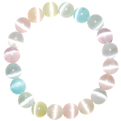 10mm Macaron Selenite Bracelet - Multi-Color Natural Crown Chakra Crystal | Handmade Sweet Color Meditation Bracelet with Cat-Eye Effect | Beading Tool Kit - Adjust to 6.5-7.5 inches Wrist Size
