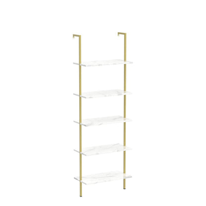 aboxoo Ladder Shelf 2PCS White Marble Bookshelf 5-Tier Wall-Mounted Wood Rack Open Industrial Modern Plant Flower Stand Utility Organizer Bookcase Metal Frame Furniture Office Kitchen Bedroom