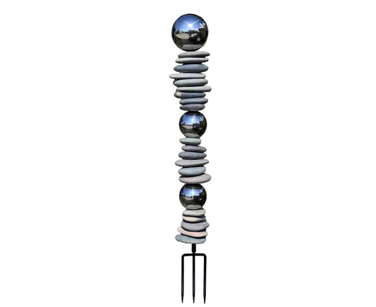 Wensign Zen Garden Ourdoor Decor - 32" Rock & Stainless Steel Sphere Sculpture Stake, Modern Yard Art for Landscape, Patio, or Pathway