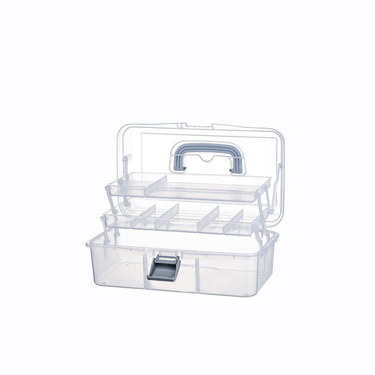 BangQiao 2-Tier Trays Clear Gray Plastic Storage Container Organizer Box, Multipurpose Portable Carrying Case with Latch Lock and Handle for Art, Craft, Sewing Supplies, First Aid, Makeup