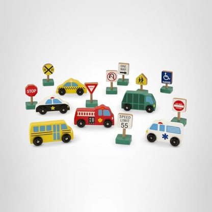 Melissa & Doug Wooden Vehicles and Traffic Signs with 6 Cars and 9 Signs